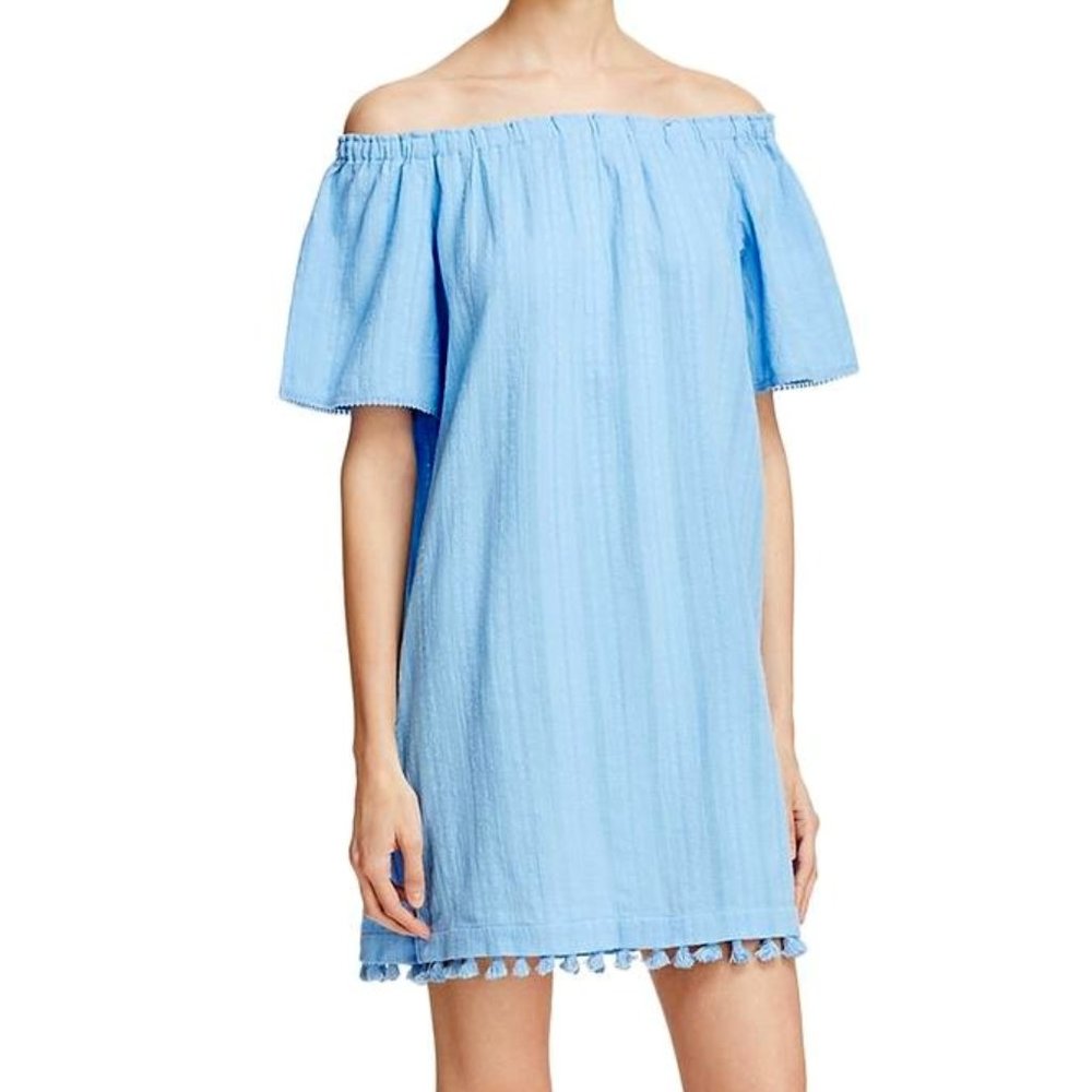 Beltaine Bella 100% Cotton Sky Blue Off Shoulder Tassel Pom Pom Daytime Dress